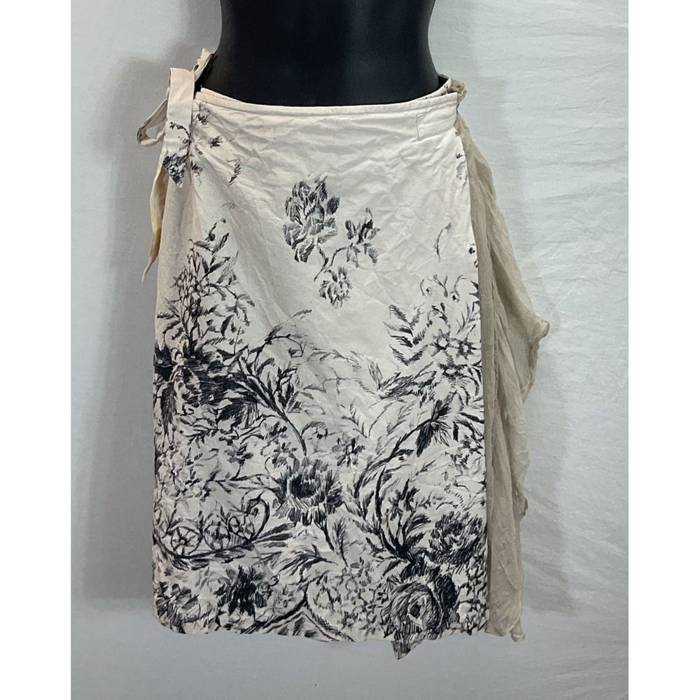 *DRIES VAN NOTEN* VTG Wrap Skirt Size 38 Ivory Black floral silk‎ trim